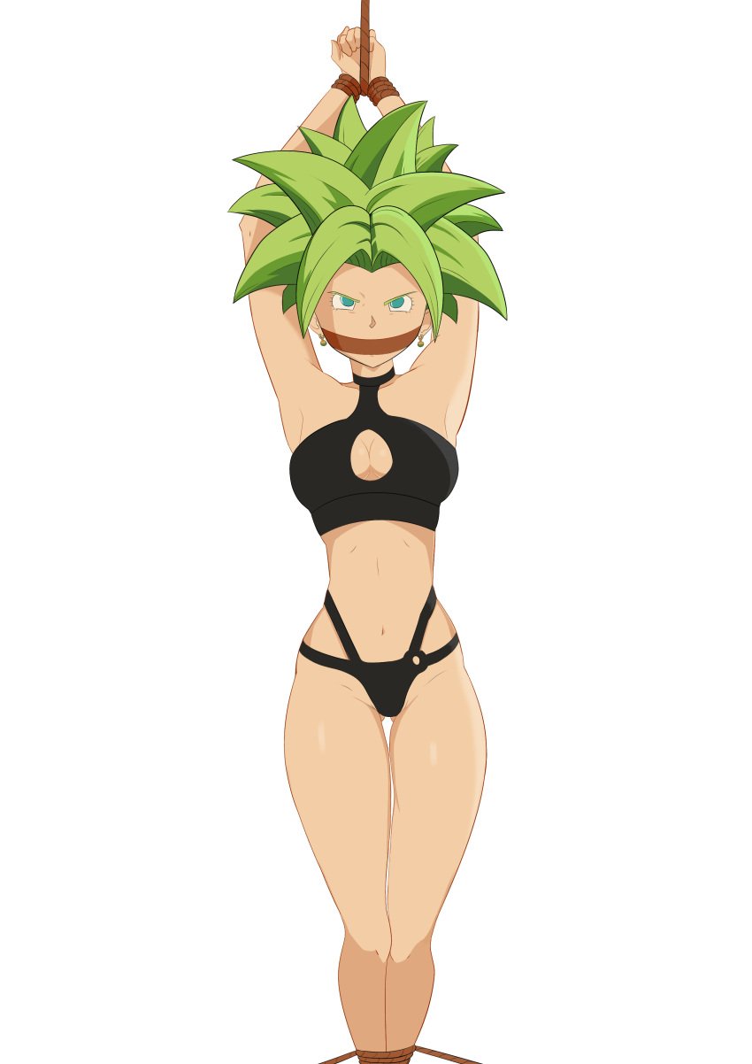 1girls angry_sub arms_above_head arms_up bdsm bondage dragon_ball dragon_ball_super female femsub fusion fusion_character gagged green_eyes green_hair kafla kefla koji_draw leather potara_earrings potara_fusion sex_slave slave super_saiyan tape_gag taped_mouth tied_feet