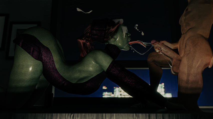 after_oral all_fours cum facial female gamora guardians_of_the_galaxy marvel oral oral_sex tncstudio tongue_out