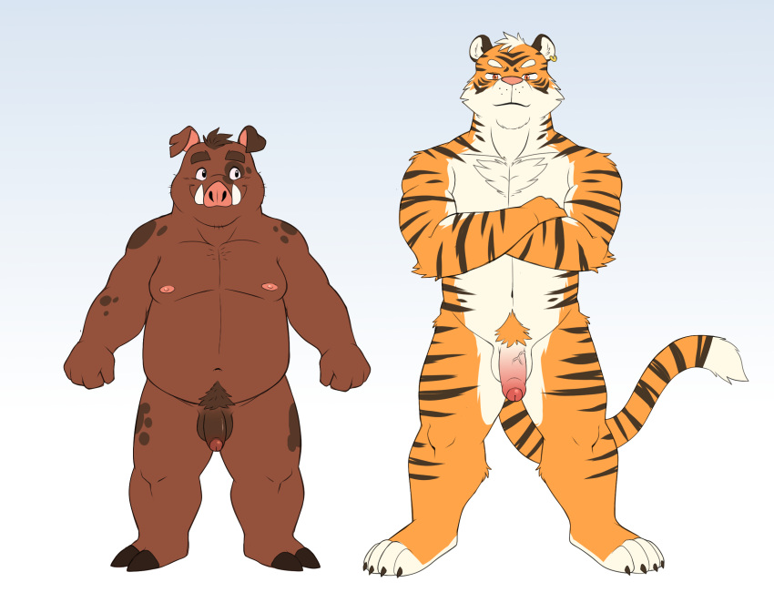 animal_genitalia animal_penis anthro balls brown_body duo felid genitals hair hi_res humanoid ijpalette-color kemono male male/male mammal muscular overweight pantherine penis simple_background suid suina sus_(pig) tiger white_body wild_boar