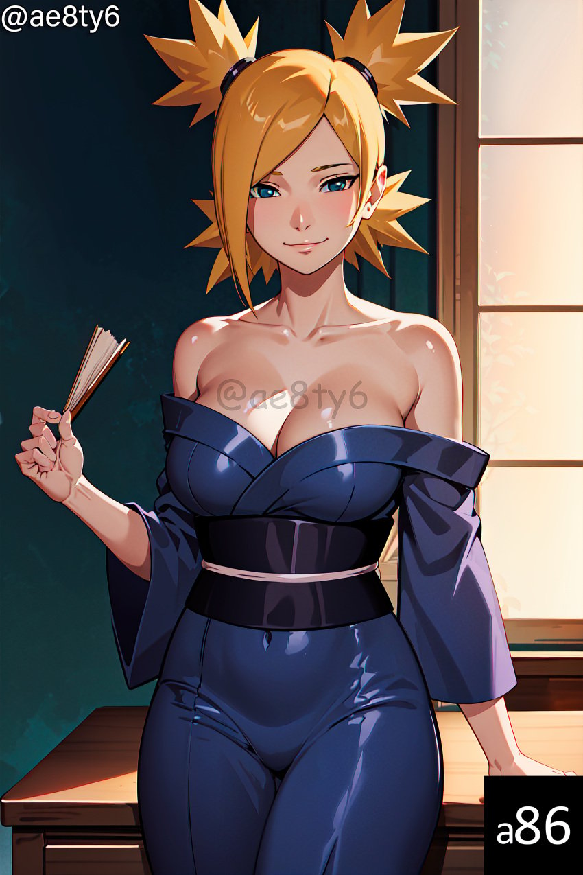 1girls ae8ty6 ai_generated bare_chest bare_shoulders big_breasts blush blushing_at_viewer boruto:_naruto_next_generations busty cleavage fan female female_only folding_fan holding_object huge_breasts kimono kimono_down light-skinned_female light_skin long_hair mature mature_female milf nai_diffusion naruto naruto_(series) no_bra no_underwear oppai presenting presenting_breasts shiny shiny_hair shiny_skin smile smiling smiling_at_viewer solo stable_diffusion teasing teasing_viewer temari upper_body voluptuous yellow_hair yukata