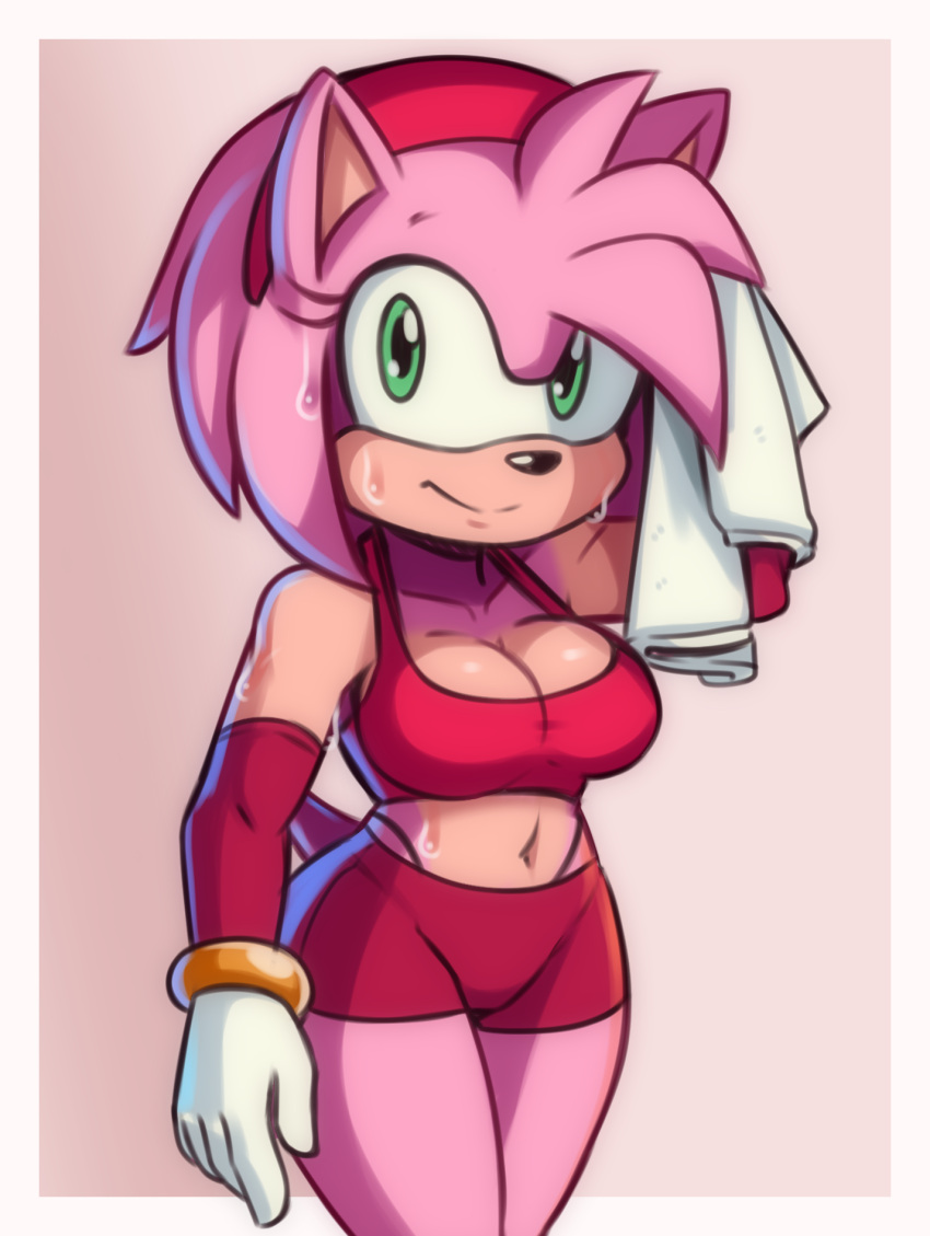 1girls 2022 after_workout amy_rose athletic athletic_female brachyzoid breasts cleavage clothing female handwear navel post_workout solo sonic_(series) sports_bra sportswear sweat thong workout_clothes