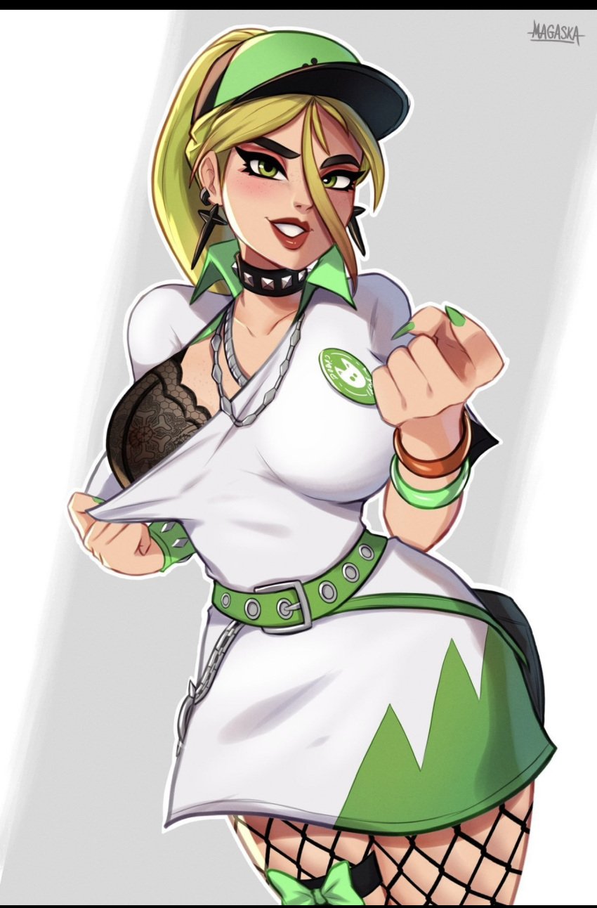 1girls 2d alternate_body_type alternate_breast_size barista breasts choker curvy_female earrings female fishnets fortnite fortnite:_battle_royale green_eyes green_hair green_hat green_nails hat helsie_(fortnite) large_breasts light-skinned_female light_skin lipstick magaska19 multicolored_hair nail_polish red_lipstick solo straight_hair thick_thighs