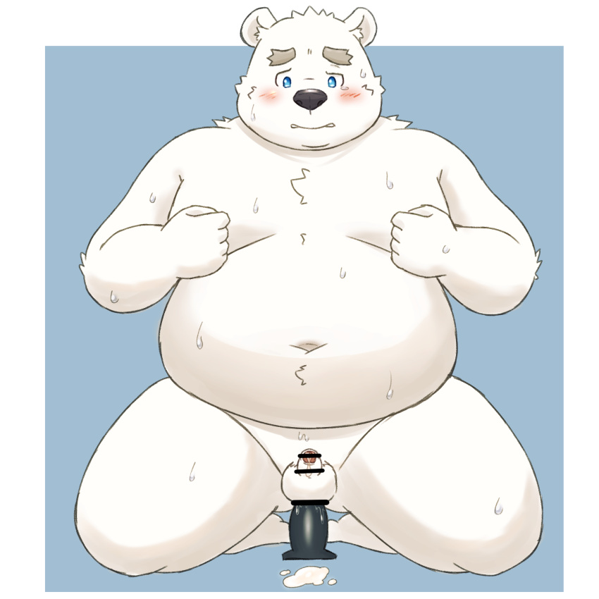 2023 anal anal_masturbation anthro balls bear belly big_belly blue_eyes blush bodily_fluids censored dildo genitals hi_res kemono male mammal masturbation micropenis moobs navel overweight overweight_male penis polar_bear sex_toy shirane_kan simple_background small_penis solo sweat ursine utau yaki_atsuage