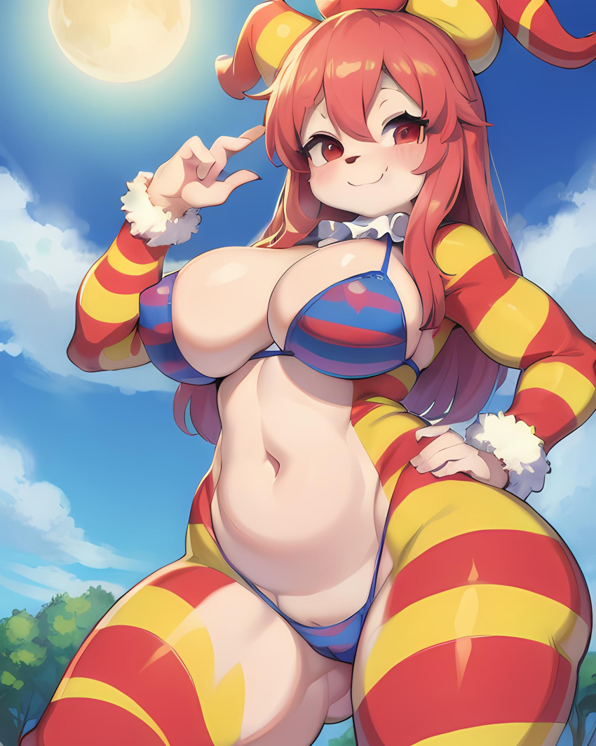 ai_generated awokose big_breasts circus clown clown_girl colorful_body cute cute_face huge_breasts short shortstack thick_thighs