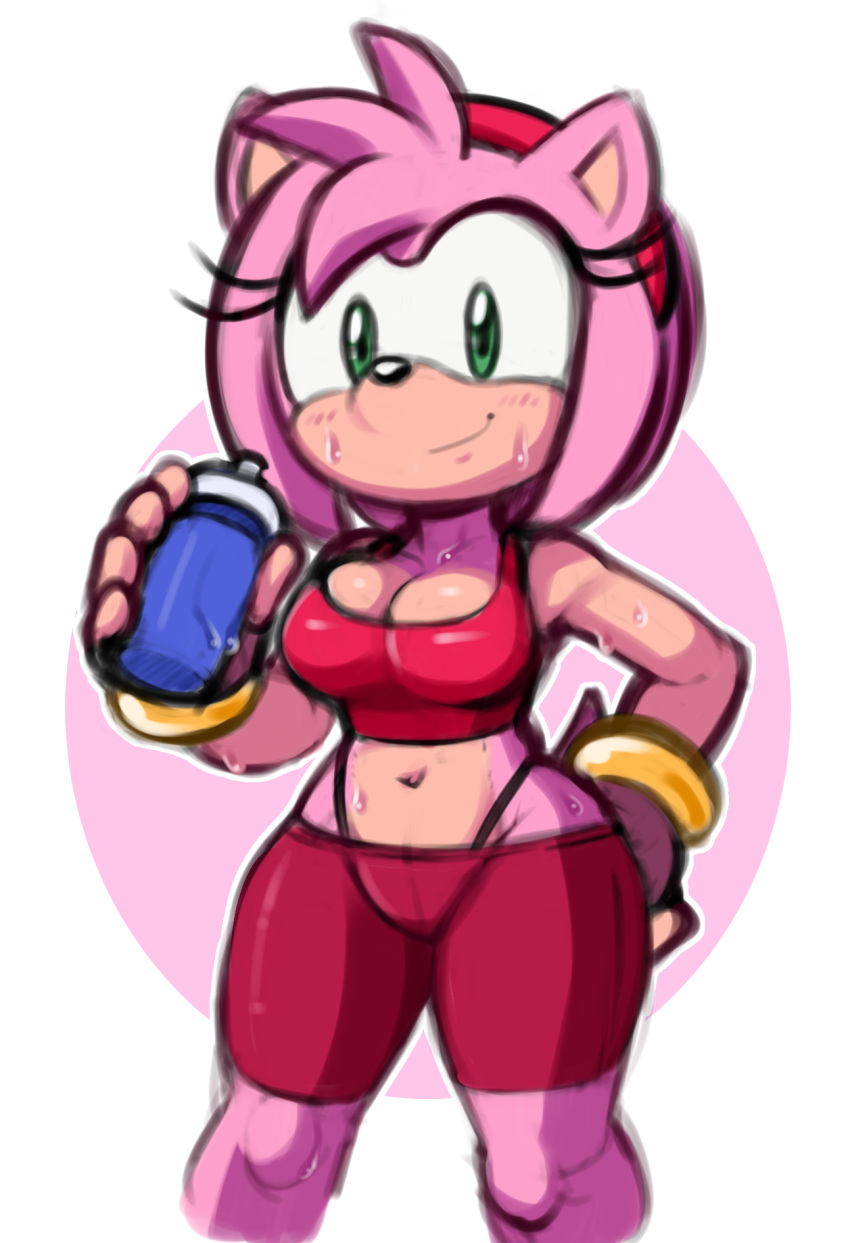 1girls 2022 after_workout amy_rose athletic athletic_female brachyzoid breasts cleavage clothing female handwear navel solo sonic_(series) sports_bra sportswear sweat thong_peek workout workout_clothes