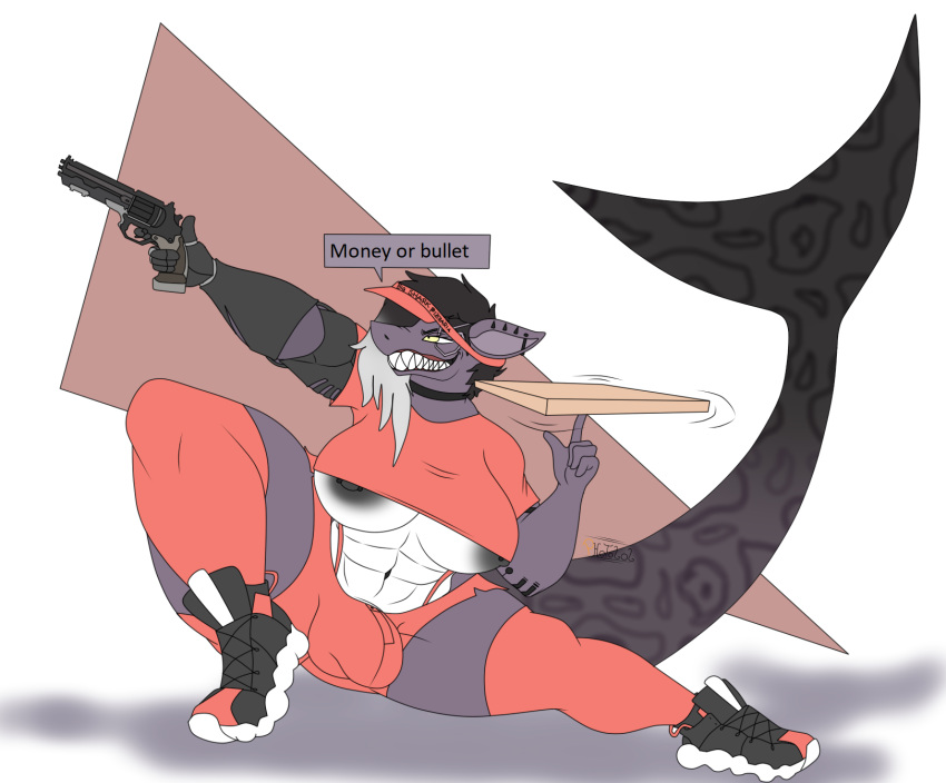 anthro ass avi_(avibigshark) big_breasts big_bulge big_butt breasts bulge clothed clothing cybernetic_arm cybernetic_limb dialogue fish flat_colors footwear gun gynomorph handgun hi_res holding_object holding_weapon intersex legwear marine nipple_piercing nipples photolol.03 piercing pizza_box ranged_weapon revolver shark shoes simple_background solo tattoo text thick_thighs weapon wide_hips