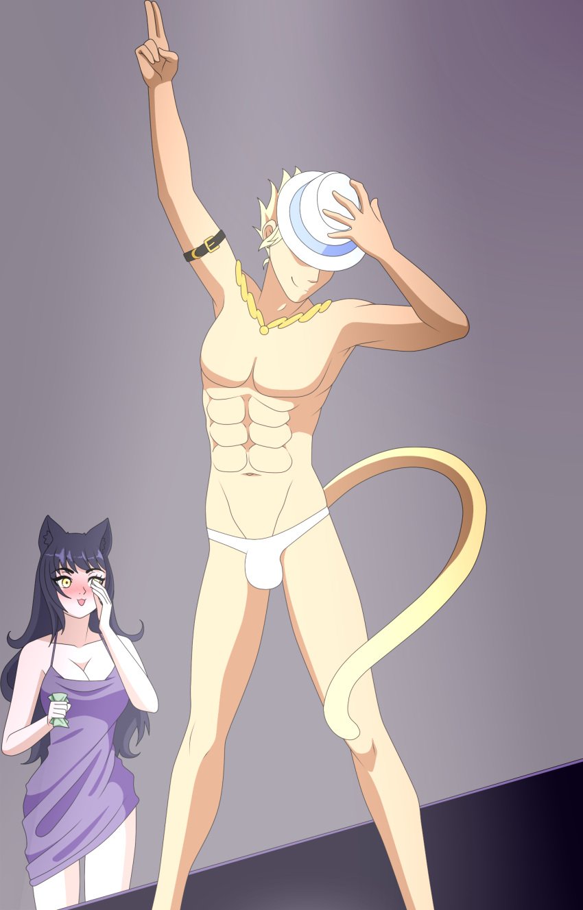 abs alterbluelady black_hair blake_belladonna cash cat_ears cat_girl cat_tail duo faunus female light-skinned_female light_skin magic_mike male male_stripper male_thong monarchbluelady money monkey_tail rooster_teeth rwby strip_club stripper stripping sun_wukong sun_wukong_(rwby) tail thong