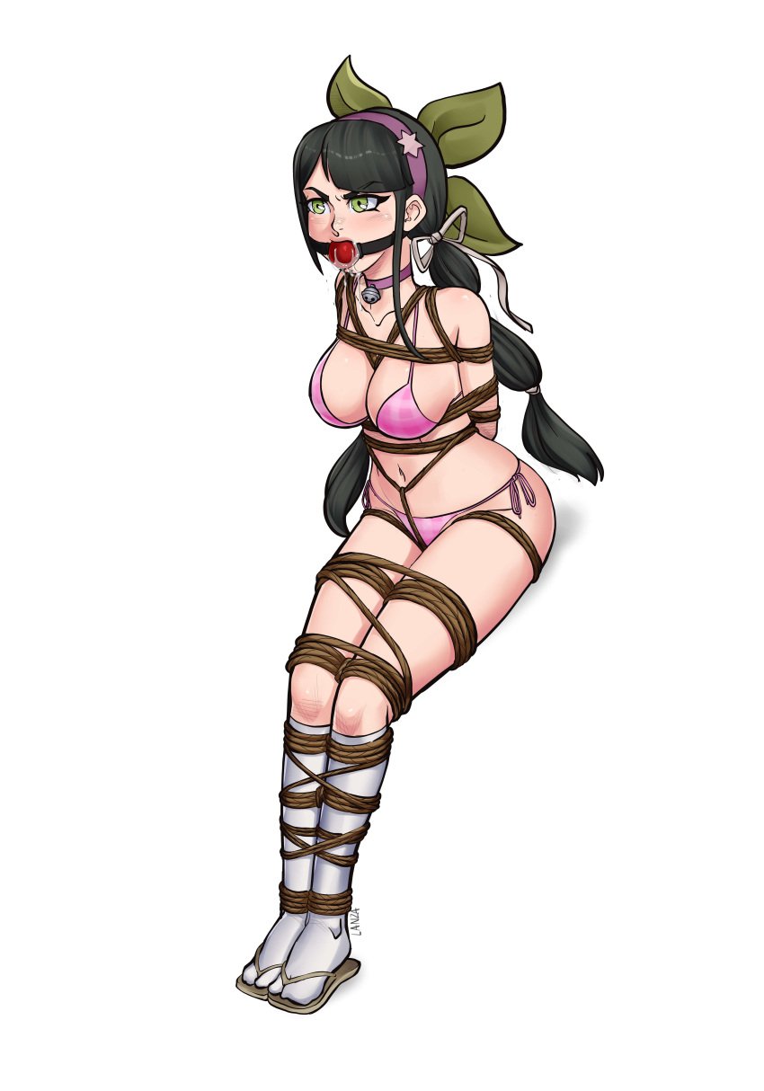 1girls alternate_version_available angry ass ball_gag bell_collar bikini bikini_top black_hair bondage bound_ankles bound_arms bound_legs breasts chabashira_tenko choker crotch_rope danganronpa danganronpa_v3 drool drool_on_face drooling female female_only gag gagged green_bow green_eyes headband pink_bikini restrained rope rope_bondage socks solo solo_female swimsuit thunkstudio tied_arms tied_legs tied_up white_socks