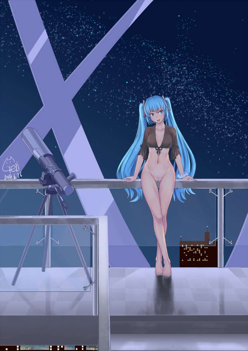 1girls artist_logo artist_name ass_visible_through_thighs balcony blue_eyes blue_hair blue_nail_polish blue_nails blue_toenail_polish blue_toenails bottomless clavicle dongqing_zaozigao feet female female_only happy hatsune_miku hips legs long_hair looking_to_the_side medium_breasts nail_polish navel night open-mouth_smile open_mouth polka_dot_scrunchie pussy scrunchie shiny_hair shiny_skin shirt_only sky solo stars teeth telescope thighs tongue topwear_only twintails uncensored vocaloid