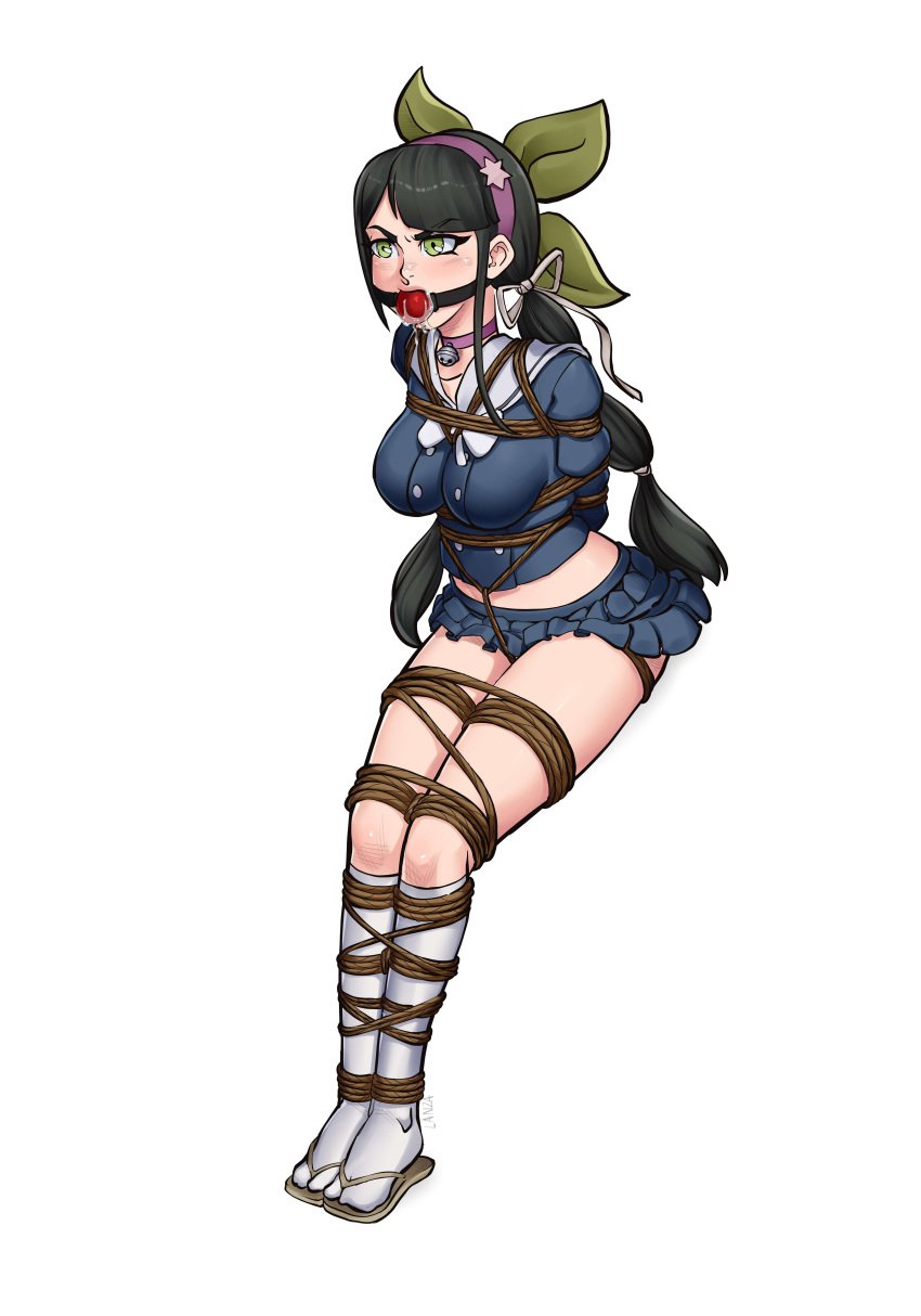 1girls alternate_version_available angry ball_gag bell_collar black_hair blue_shirt blue_skirt bondage bound_ankles bound_arms bound_legs breasts chabashira_tenko choker clothed clothing crotch_rope danganronpa danganronpa_v3 drool drool_on_face drooling female female_only gag gagged green_bow green_eyes headband restrained rope rope_bondage socks solo solo_female thunkstudio tied_arms tied_legs tied_up white_socks