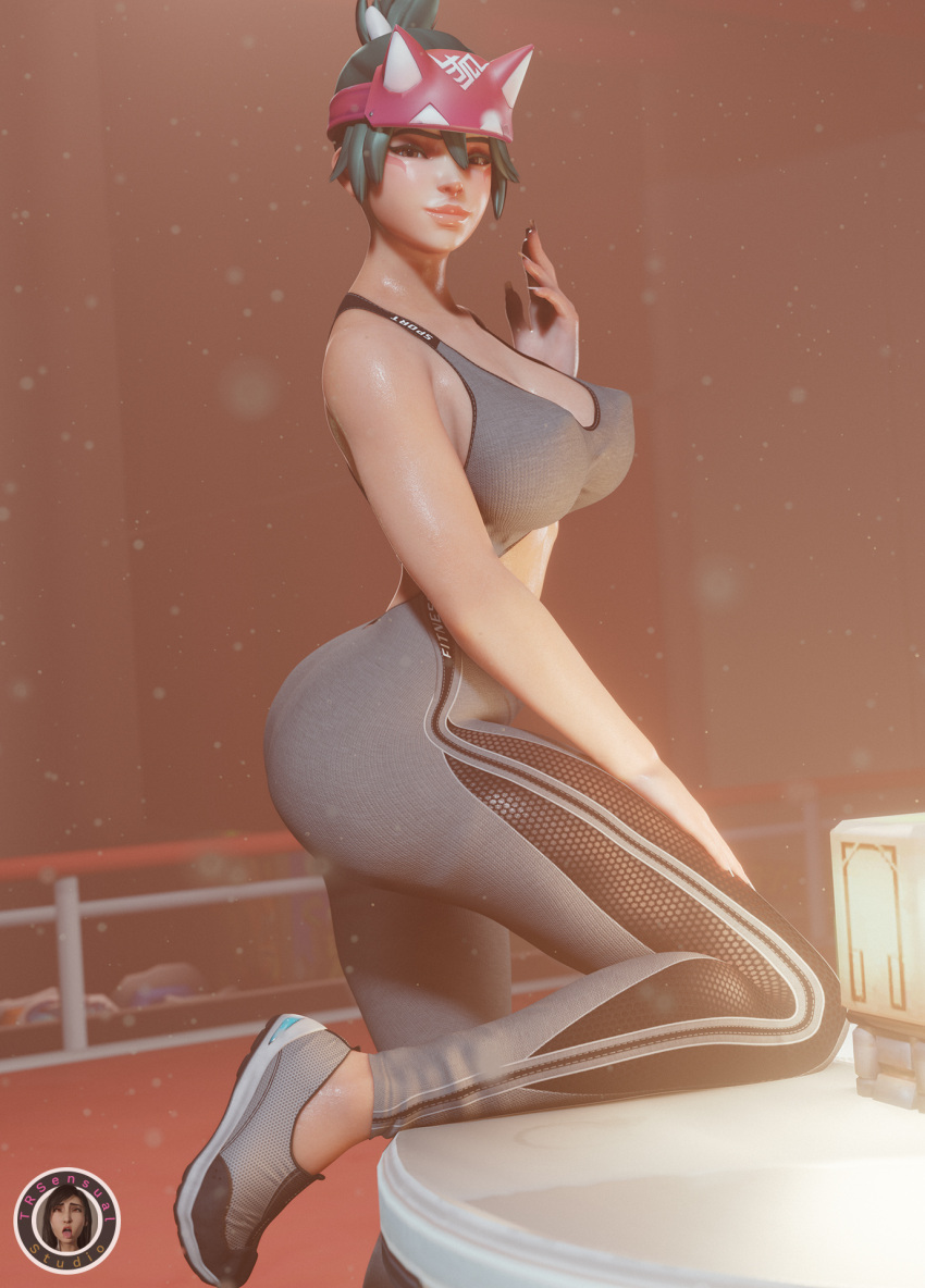 1girls 3d athletic athletic_wear big_ass big_breasts big_butt big_nipples brown_eyes green_hair image image_set kiriko_(overwatch) leg_on_table overwatch ponytail sports_shoes sportswear trsensualstudio watermark