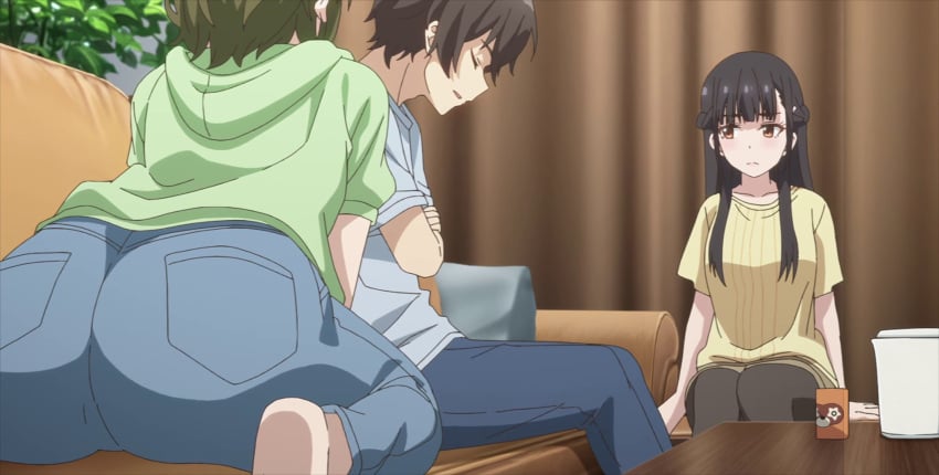 1boy 2girls anime_screencap ass ass_focus big_ass big_butt black_thighhighs blue_pants braid breasts brown_eyes closed_eyes denim dress_shirt french_braid from_behind green_jacket higashira_isana highres huge_ass irido_mizuto irido_yume jacket jeans large_ass large_breasts long_hair mamahaha_no_tsurego_ga_moto_kano_datta multiple_girls pants screencap shirt short_hair sidelocks stitched thighhighs third-party_edit yellow_shirt