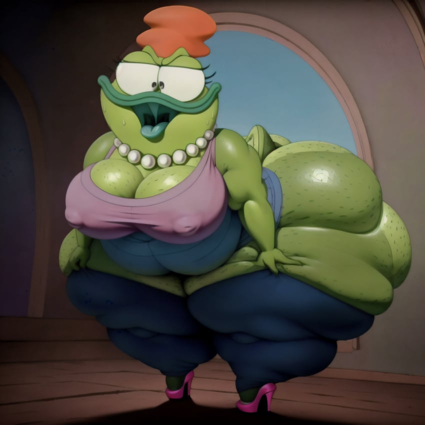 1girls ai_generated anthro bbw beverly_bighead big_belly big_breasts big_nipples blue_lips blue_tongue breasts cellulite fat frog glasses high_heels large_breasts looking_at_viewer matronai_(artist) mature mature_female mature_woman milf mostly_nude nickelodeon nipples obese orange_hair overweight overweight_female pearl_necklace pinup rocko's_modern_life self_upload ssbbw stable_diffusion thick_thighs wide_hips wrinkles