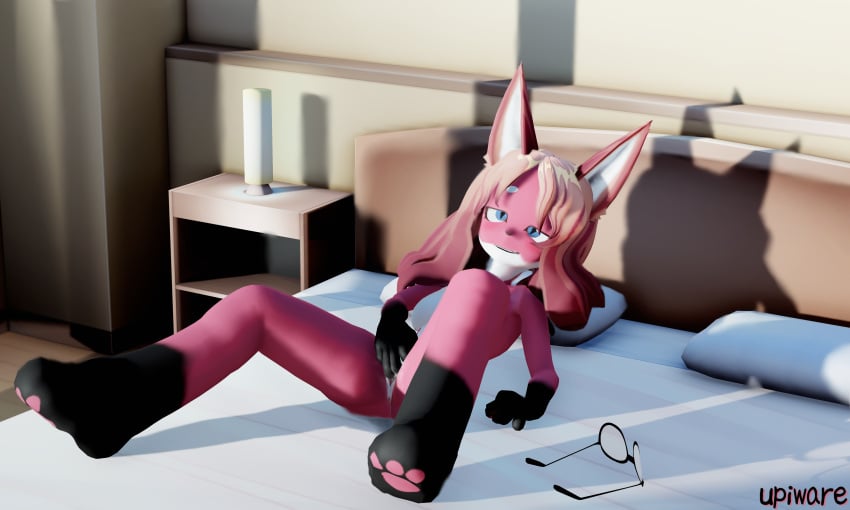 3d absurd_res anthro bed bedroom blue_eyes brown_hair cum_drip ejaculation feet female female_focus female_only fox fox_ears fox_girl fur furry furry_ears furry_female furry_only glasses laying_down laying_on_back laying_on_bed long_hair masturbating masturbation modilla_fox original original_character paws solo_female upiware