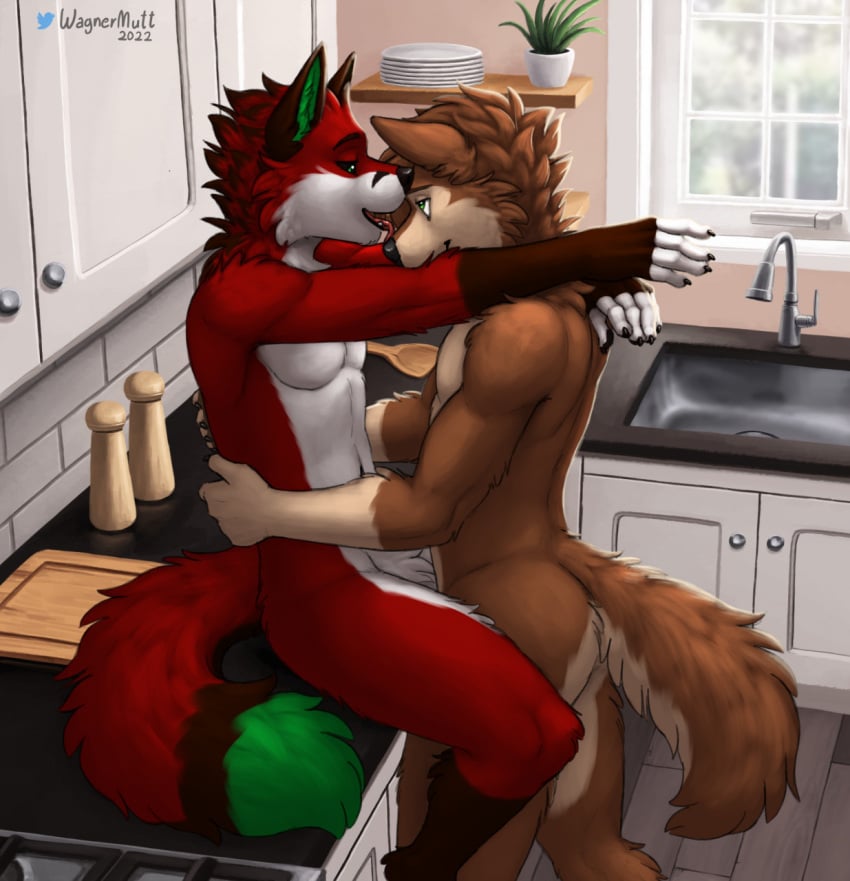 2022 affectionate anthro black_ears black_nose black_sclera brown_body brown_fur canid canine canis cutting_board dated detailed_background domestic_dog duo embrace eye_contact floorboards fox fur furry gloves_(marking) green_eyes green_inner_ear green_tail_tip head_tuft hi_res hug inside kitchen kitchen_cabinet kitchen_sink leg_markings licking_nose looking_at_another male male/male male_focus male_only mammal markings mutt_(wagnermutt) original original_character original_characters pepper_mill plant plant_pot plate potted_plant red_body red_fur shelf signature sitting_on_counter socks_(marking) tuft victor_johansen wagnermutt window wooden_spoon