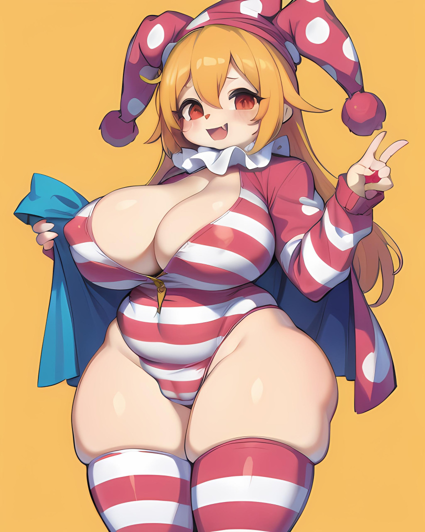 ai_generated awokose big_breasts circus clown clown_girl colorful_body cute cute_face huge_breasts short shortstack thick_thighs