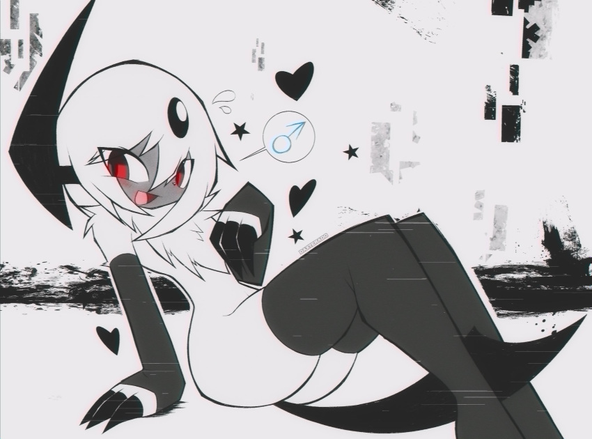 absol black_tail chest_fluff clawed_fingers claws daxterado femboy heart horn male male_only pokemon pokemon_(species) pokemon_rse pokemon_species red_eyes sitting_down tagme tail_between_legs white_fur