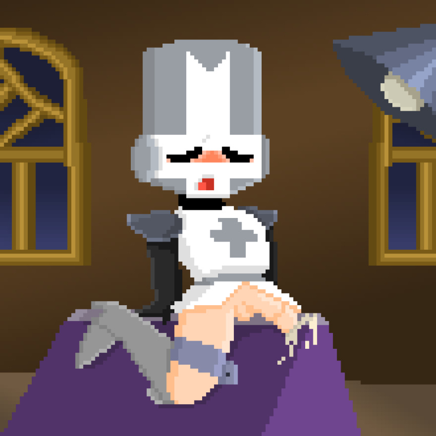 1boy animated castle_crashers cock_and_ball_torture crusader cum gif gray_knight indoors lamp male male_only newgrounds pixel_art solo solo_male tagme toony torture torture_device window wooden_horse