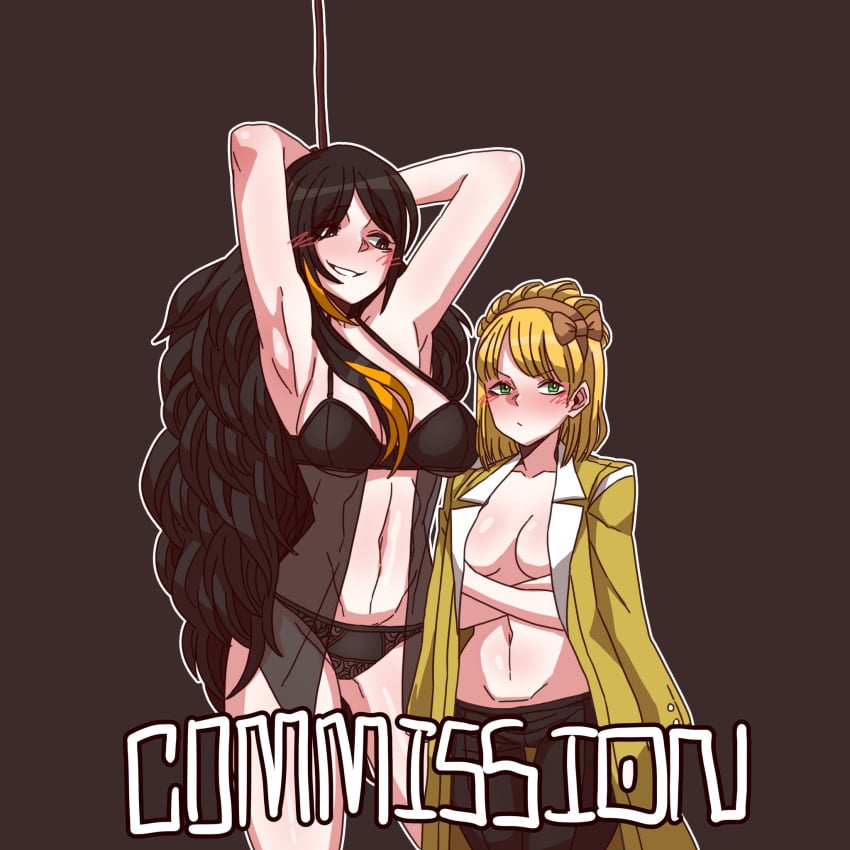 2girls aged_up b2k before_sex better_version_at_source big_breasts binah black_hair blonde_hair blush breasts clothed clothing coat_on_shoulders commission duo female female_only fully_clothed human light-skinned_female light_skin lingerie lobotomy_corporation long_hair medium_breasts mostly_nude project_moon size_difference standing tiphereth_(lobotomy_corporation) twitter_sample