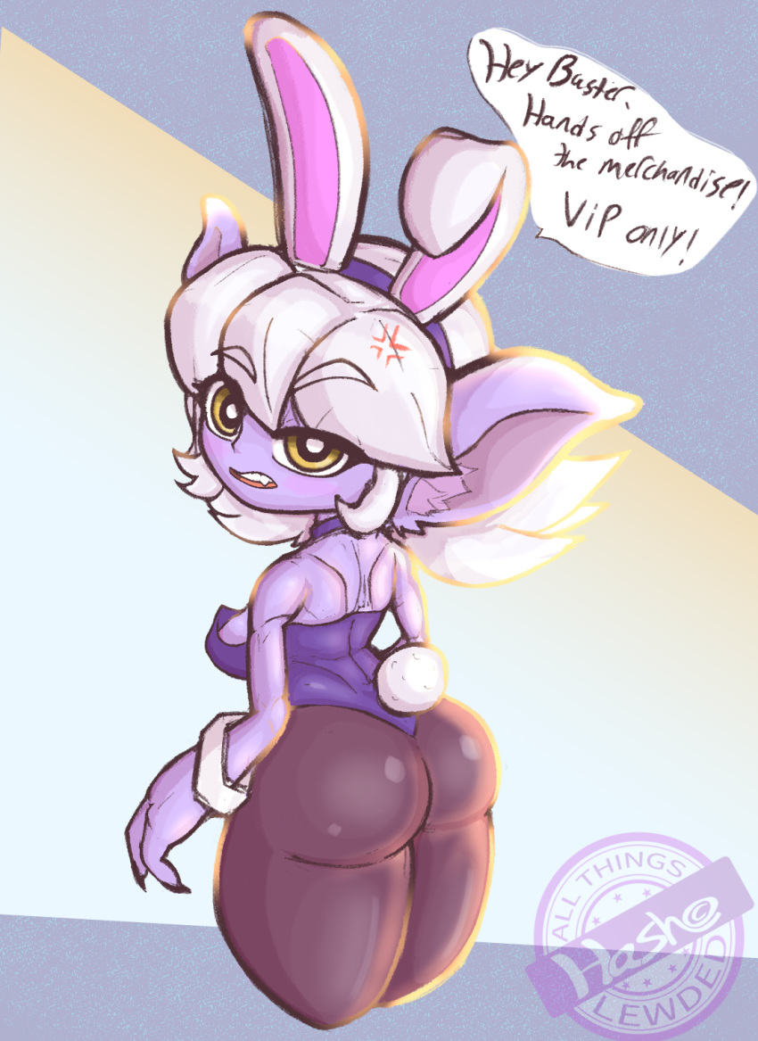 annoyed_expression ass big_ears bunny_ears bunny_tail bunnysuit dialogue hashcopyrice league_of_legends looking_at_viewer looking_back nipple_slip pantyhose self_upload text tristana watermark yordle