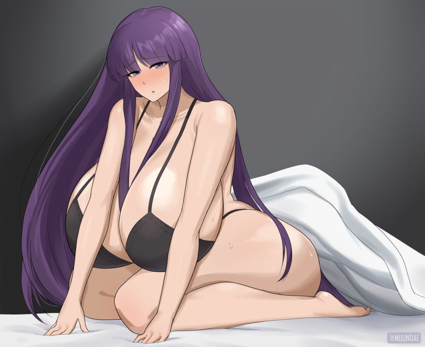 1girls artist_name ass bangs bare_shoulders bed big_ass big_breasts bikini blanket blush breasts clothing collarbone curvy eiken eyebrows_visible_through_hair eyelashes female female_focus female_only fringe gigantic_ass gigantic_breasts half-closed_eyes highres hips huge_ass huge_breasts human kirika_misono large_ass large_breasts looking_at_viewer muundae on_knees parted_lips purple_hair revealing_clothes shiny_skin skimpy skindentation solo solo_female sweat sweatdrop swimsuit thick_thighs thighs very_long_hair voluptuous watermark wide_hips