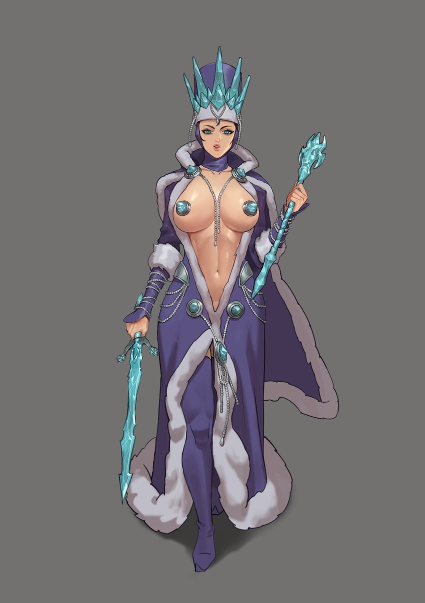 1girls blue_eyes breasts breasts_out deep_cleavage female female_only fur_trim gray_background kislev large_breasts nipple_pasties pasties purple_clothing simple_background smokedpaprika solo solo_female sword tzarina_katarin warhammer_(franchise) warhammer_fantasy