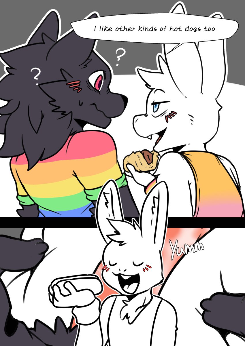 2boys anthro blush canine censored censored_penis comic femboy food gay gay_pride_colors genital_fluids hot_dog i_think_i_like_you knot lagomorph leon_(i_think_i_like_you) mammal penis pride_color_clothing pride_colors propositioning rabbit saku1saya sky_(i_think_i_like_you) text webcomic webtoon white_fur wolf wolf_ears