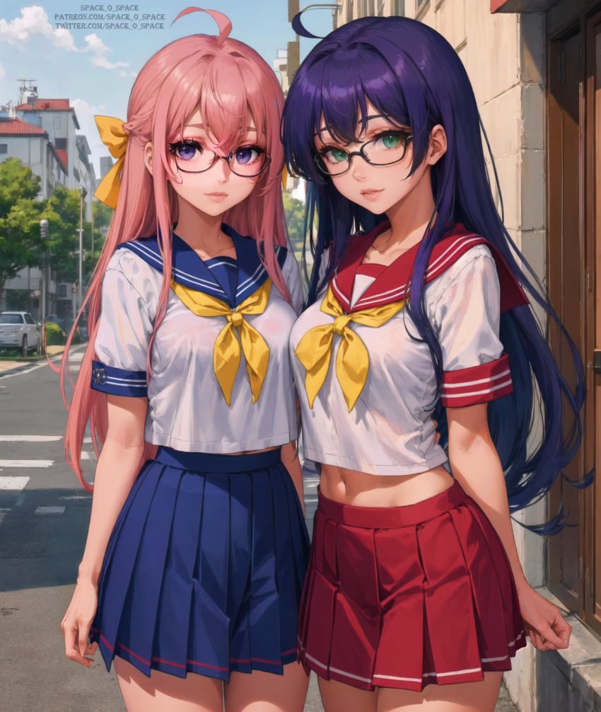 2girls ai_generated big_ass big_breasts big_butt blue_hair green_eyes konata_izumi lucky_star miyuki_takara pink_eyes pink_hair school_uniform schoolgirl space_o_space stable_diffusion uniform