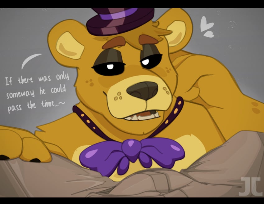 bear bear_ears black_eyes bow_tie comic comic_page erection erection_under_clothes five_nights_at_freddy's furry gay golden_freddy_(fnaf) hair hat jumpy_jackal male male_only pants talking_to_viewer tie topper yellow_body yellow_skin