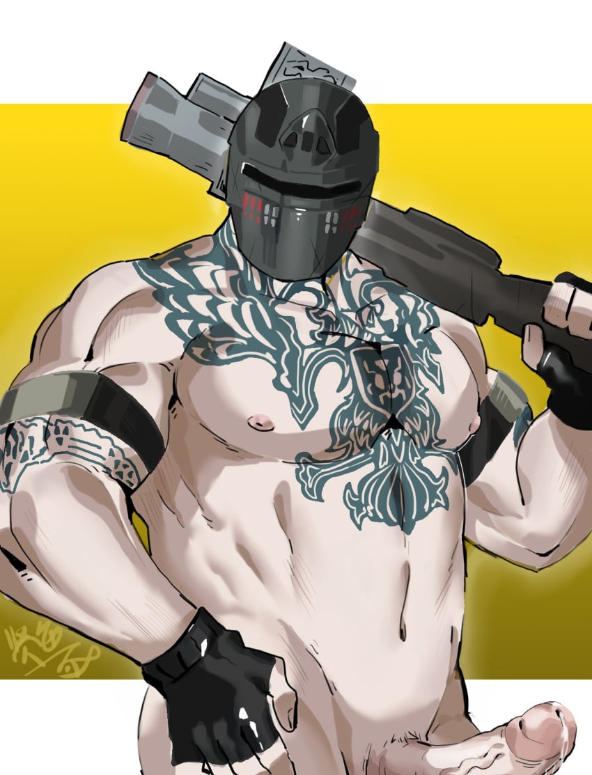 1boy big_penis clx147258 cum dilf fingerless_gloves grenade_launcher helmet male male_only muscles nude pale_skin plain_background pubic_hair rainbow_six rainbow_six_siege russian tachanka_(rainbow_six) tattoos ubisoft uncensored veiny_penis