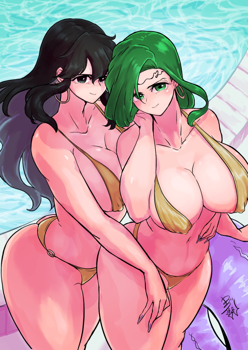 2girls alternate_costume annand_(fire_emblem) areolae areolae_slip ass ayra_(fire_emblem) bare_thighs bikini black_eyes black_hair breasts covered_nipples earrings female female_only fire_emblem fire_emblem:_genealogy_of_the_holy_war from_above green_eyes green_hair hug huge_breasts inner_tube large_ass large_breasts long_hair long_nails looking_at_viewer looking_up mature mature_female multiple_girls nail_polish nintendo pool purple_nails sideboob smile swimsuit ta_dasu_(tadasu_hayashi) thick_thighs thighs yellow_bikini yellow_swimsuit