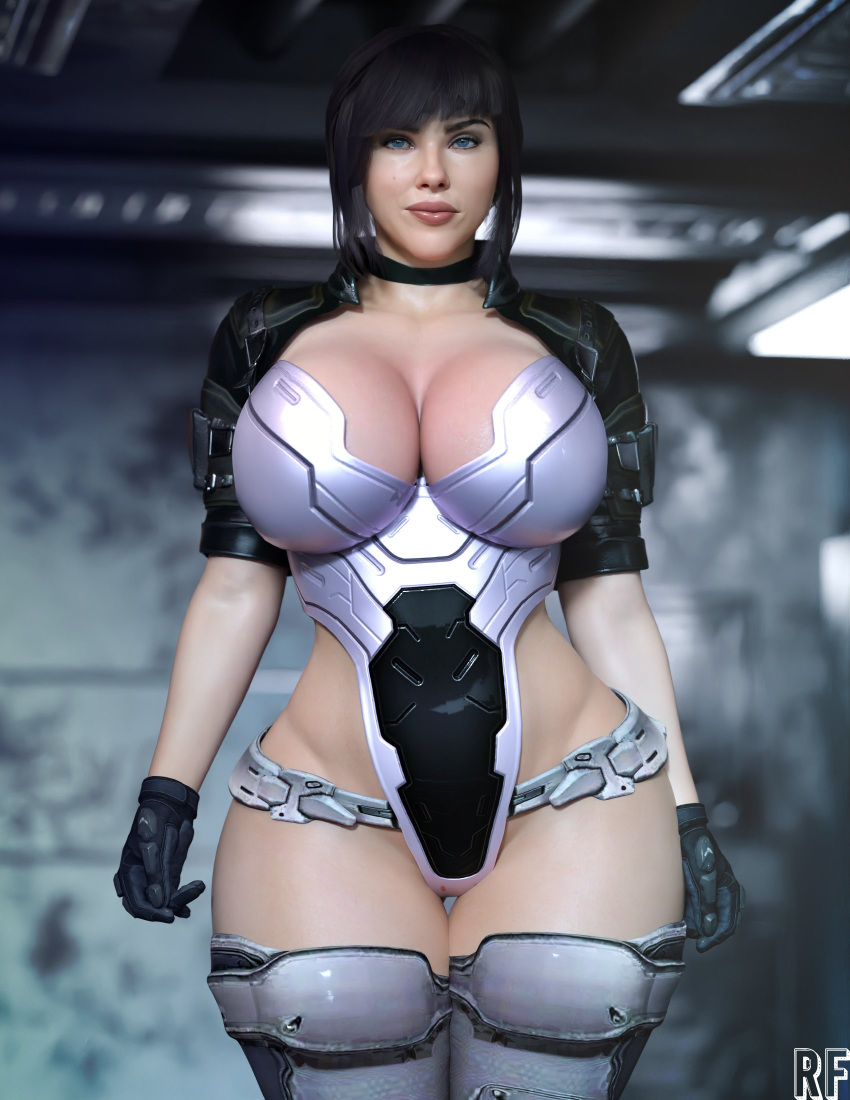 1girls 3d big_ass big_breasts black_hair blue_eyes female female_only fully_clothed ghost_in_the_shell ghost_in_the_shell_(2017) kusanagi_motoko leotard revealing_clothes rude_frog scarlett_johansson solo thick_thighs