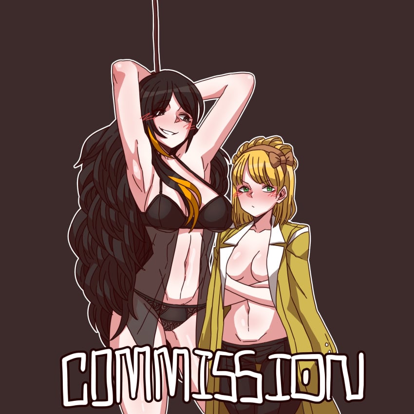 2girls absurd_res aged_up b2k before_sex big_breasts binah black_hair blonde_hair blush breasts clothed clothing coat_on_shoulders commission duo female female_only fully_clothed higher_resolution_duplicate human light-skinned_female light_skin lingerie long_hair medium_breasts mostly_nude multiple_girls size_difference standing tiphereth_(lobotomy_corporation)