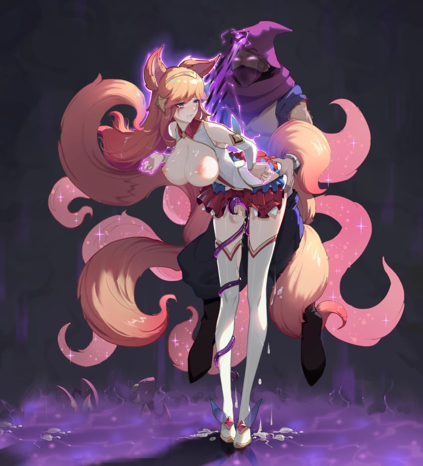 1boy 1girls 9_tails ahri alternate_costume alternate_hair_color alternate_hairstyle animal_ear_fluff animal_ears animal_girl areolae big_breasts blonde_hair bodily_fluids breasts busty cleavage climax clothing cum cum_drip cum_inside cum_on_ground cum_overflow cumming curves curvy curvy_body curvy_female curvy_figure curvy_hips ejaculating_cum ejaculation eyelashes eyeliner eyeshadow facial_markings female female_penetrated fluffy fluffy_ears fluffy_tail fluffy_tails fox fox_ears fox_girl fox_tail furry_tail genital_fluids hips hourglass_figure human_on_humanoid human_penetrating_humanoid humanoid humanoid_penetrated inner_ear_fluff kemonomimi kitsune large_breasts league_of_legends light-skinned_female light_skin long_hair magical_girl male male/female male_on_female male_penetrating male_penetrating_female malzahar multiple_tails nine_tailed_fox nipples orgasm pale-skinned_female pale_skin penetration penis_in_pussy penis_in_vagina pink_areola pink_nipples rape riot_games running_mascara runny_makeup runny_mascara semen sex star_guardian_ahri star_guardian_series tail thighs vaginal_insertion vaginal_penetration vaginal_sex vastaya video_games violet_eyes 画画的香桑