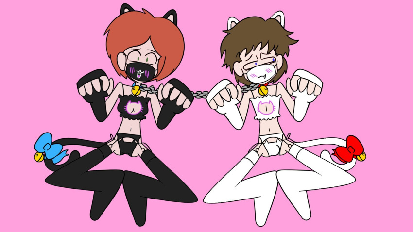 1boy 1femboy 1girls bell bell_collar blue_eyes both_genders both_sexes_in_same_situation bow bow_on_tail brown_hair bulge_through_clothing cat_ears cat_lingerie cat_tail chains christian_(oc) collar elbow_gloves facemask femboy fingerless_gloves garter_belt green_eyes jones_boi jonesbo50034805 keyhole_bra mask nancy_lew_(oc) red_hair ribbon ribbon_on_tail simple_background sissy thigh_socks thighhighs