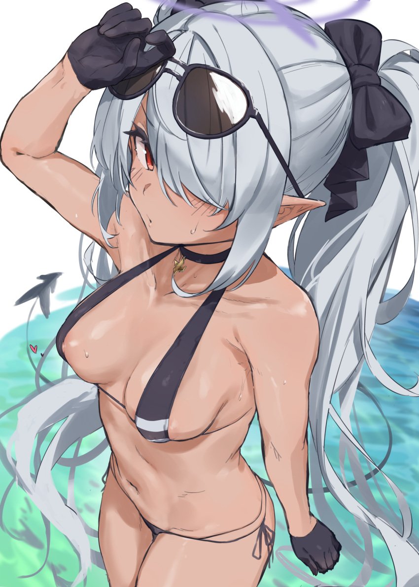 1girls areola_slip arm_up bare_arms bikini black_bikini blue_archive blush breasts choker dark-skinned_female dark_skin demon_girl demon_tail female from_above gehenna_academy_student gloves iori_(blue_archive) iori_(swimsuit)_(blue_archive) medium_breasts nipple_slip nipples nitro_(mugityaoisii) pointy_ears prefect_team_(blue_archive) red_eyes side-tie_bikini solo string_bikini sunglasses sunglasses_on_head swimsuit tail thighs twintails water wet wet_skin white_hair