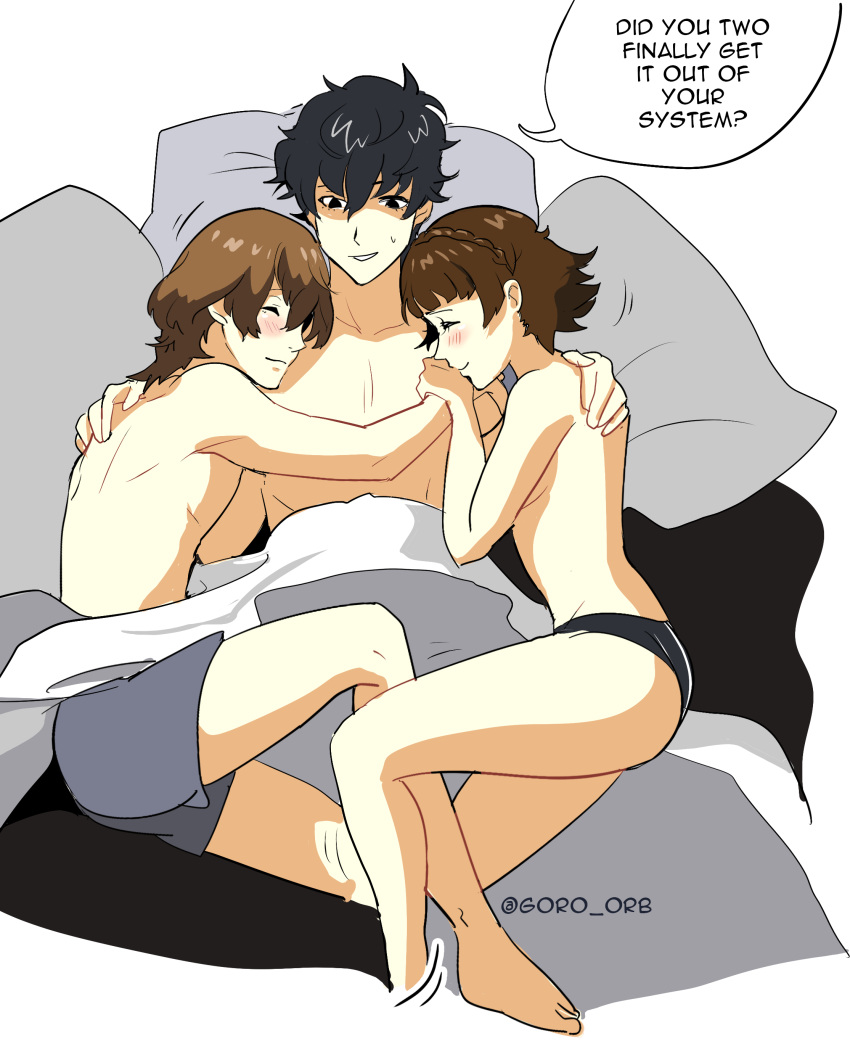 1girls 2boys 2boys1girl after_sex after_sex_cuddling akira_kurusu atlus bed bisexual bisexual_male blush both_sexes_in_same_situation boxers centi_(artist) closed_eyes cuddling dialogue english_text femboy girly goro_akechi hugging makoto_niijima mmf_threesome panties persona persona_5 pillow pillows ren_amamiya sega shin_megami_tensei topless wholesome yaoi