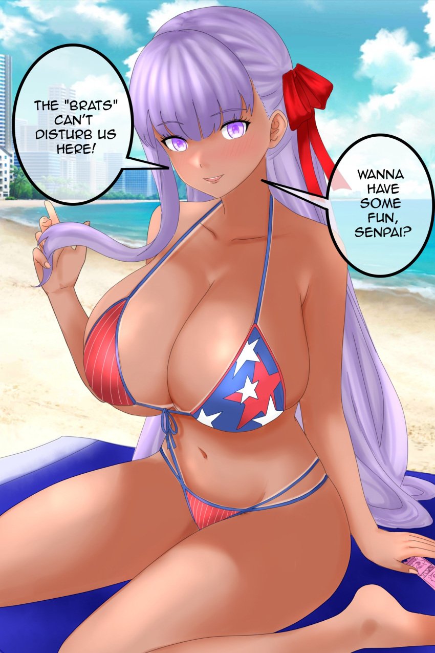 1girls american_flag_bikini bare_shoulders bb_(fate) bb_(swimsuit_mooncancer) beach beach_background big_breasts bikini bikini_bottom bikini_top blush blush_lines brown-skinned_female brown_skin brown_skinned_female cleavage condom condom_wrapper english english_text fate/grand_order fate_(series) female female_only hair_ribbon long_hair miyamoto_musashi_(swimsuit_berserker)_(cosplay) navel purple_eyes purple_hair raskasar red_hair_ribbon speech_bubble tan-skinned_female tan_body tanned tanned_female tanned_girl tanned_skin text text_bubble