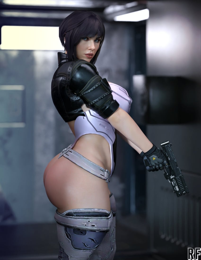 1girls 3d ass big_ass big_breasts black_hair blue_eyes dat_ass female female_only ghost_in_the_shell ghost_in_the_shell_(2017) kusanagi_motoko leotard rude_frog scarlett_johansson solo thick_thighs thong thong_leotard