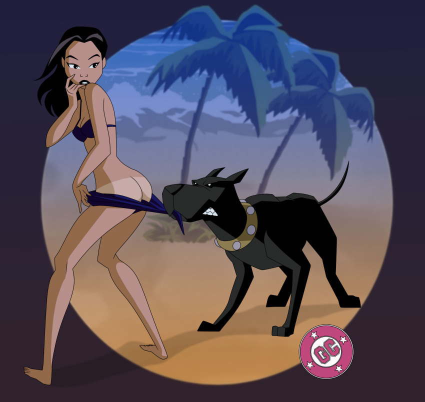 1girls ace_the_bathound all_fours asian_female ass batman_(series) batman_beyond beach bikini black_hair bubble_butt canine cleavage dana_tan dc dc_comics dcau dog glee-chan great_dane interspecies large_breasts long_hair pulling_panties zoophilia