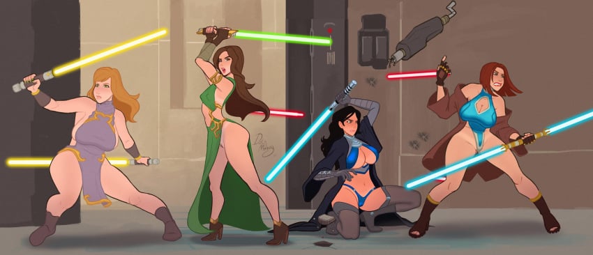 4girls blue_lightsaber boots cleavage cleavage_cutout dress fingerless_gloves green_dress green_lightsaber high_heels holding_lightsaber holding_object holding_weapon huge_breasts indoors jedi jenni_rios krystal_redd lightsaber pubic_hair pussy roxy_calle rubi_redd small_breasts star_wars tanline thedirtymonkey voluptuous yellow_lightsaber