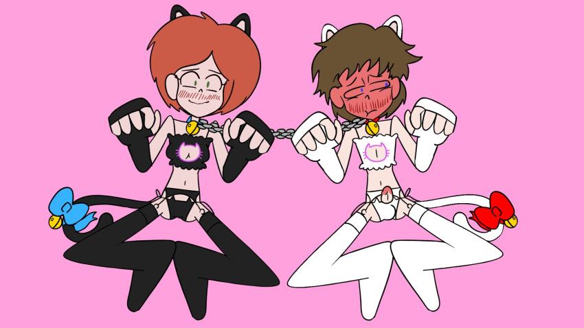 1boy 1femboy 1girls bell bell_collar blue_eyes blush both_genders both_sexes_in_same_situation bow bow_on_tail brown_hair bulge_through_clothing cat_ears cat_lingerie cat_tail chains christian_(oc) collar elbow_gloves embarrassed femboy fingerless_gloves garter_belt green_eyes jones_boi jonesbo50034805 keyhole_bra nancy_lew_(oc) penis_out red_hair ribbon ribbon_on_tail shy simple_background sissy thigh_socks thighhighs