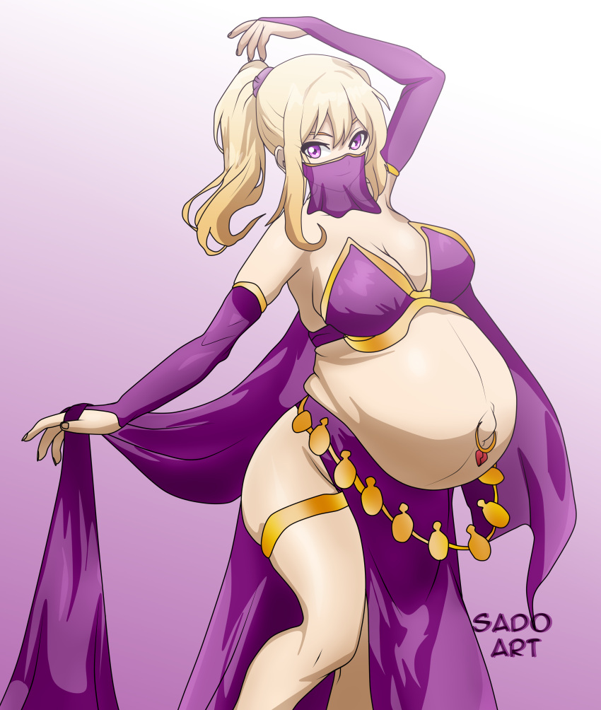 1girls belly belly_dancer belly_dancer_outfit big_belly big_breasts blonde_hair breasts female navel_piercing outie_navel ponytail pregnant purple_e purple_eyes sado_art