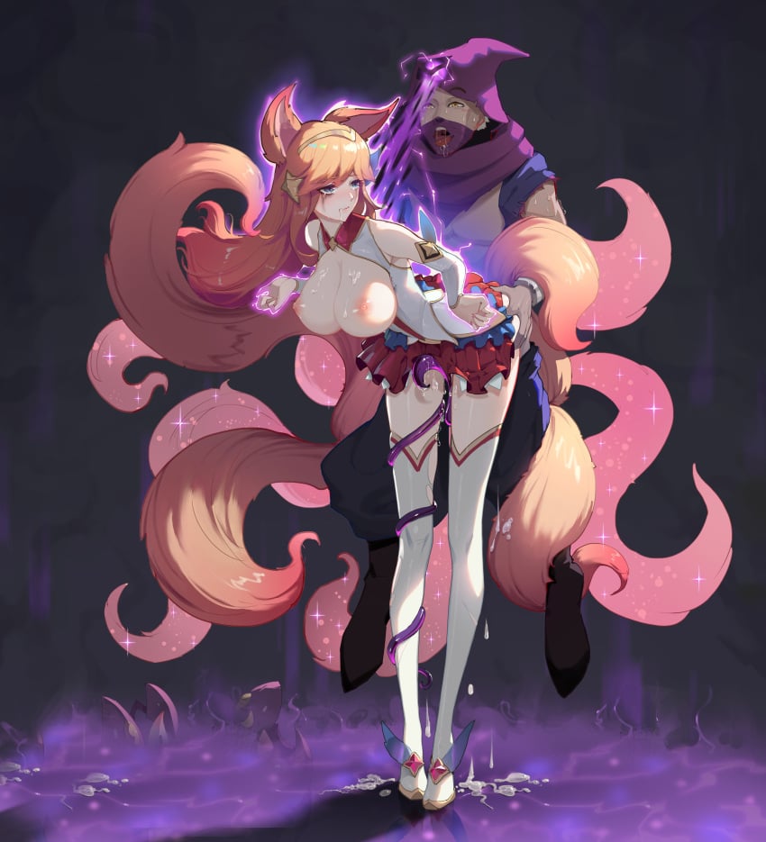 1boy 1girls 9_tails ahri alternate_costume alternate_hair_color alternate_hairstyle animal_ear_fluff animal_ears animal_girl areolae big_breasts blonde_hair bodily_fluids breasts busty cleavage climax clothing cum cum_drip cum_inside cum_on_ground cum_overflow cumming curves curvy curvy_body curvy_female curvy_figure curvy_hips ejaculating_cum ejaculation eyelashes eyeliner eyeshadow facial_markings female female_penetrated fluffy fluffy_ears fluffy_tail fluffy_tails fox fox_ears fox_girl fox_tail furry_tail genital_fluids hips hourglass_figure human_on_humanoid human_penetrating_humanoid humanoid humanoid_penetrated inner_ear_fluff kemonomimi kitsune large_breasts league_of_legends light-skinned_female light_skin long_hair magical_girl male male/female male_on_female male_penetrating male_penetrating_female malzahar multiple_tails nine_tailed_fox nipples orgasm pale-skinned_female pale_skin penetration penis_in_pussy penis_in_vagina pink_areola pink_nipples rape riot_games running_mascara runny_makeup runny_mascara semen sex star_guardian_ahri star_guardian_series tail thighs vaginal_insertion vaginal_penetration vaginal_sex vastaya video_games violet_eyes 画画的香桑