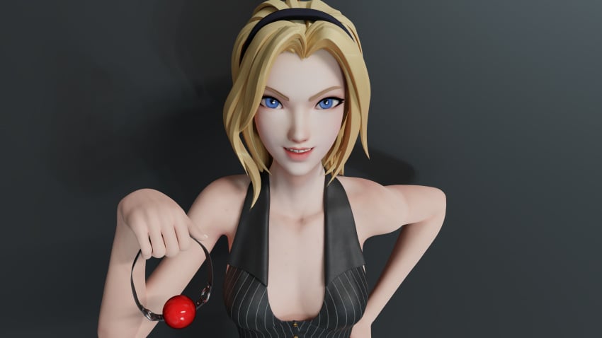 1girls ball_gag blonde_hair blue_eyes evil_grin femdom kinkyleague3d league_of_legends looking_at_viewer luxanna_crownguard suggestive_look