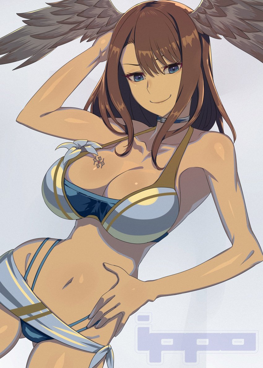 1girls angel_wings arm_behind_head big_breasts bikini blue_eyes breasts brown_hair busty cleavage confident eunie_(xenoblade) female female_only hand_on_own_hip ippoxbox360 large_breasts legs looking_at_viewer model_pose navel nintendo pose posing sarong seductive_smile sensual short_hair smile solo swimsuit tagme thighs thong_bikini wings wings_on_head xenoblade_(series) xenoblade_chronicles_3