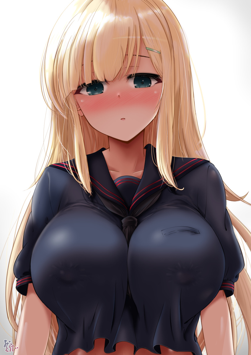 1girls artist_signature bangs blonde_hair blunt_bangs blush bust_portrait collarbone crop_top female front_view gradient gradient_background green_eyes hairclip impossible_clothes large_breasts light-skinned_female light_skin long_hair looking_at_viewer mash_mao nipple_bulge open_mouth school_uniform senran_kagura simple_background solo straight_hair white_background yomi_(senran_kagura)