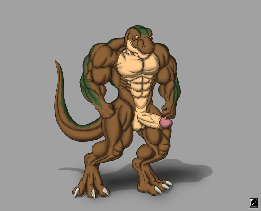 abs anthro balls biceps casual_erection casual_nudity digitigrade dinosaur erection feet genitals grey_background hi_res humanoid_genitalia humanoid_penis kevindragon male manly muscular muscular_anthro muscular_male nude pecs penis quads reptile scalie simple_background smile solo theropod troojhar tyrannosaurid tyrannosaurus tyrannosaurus_rex