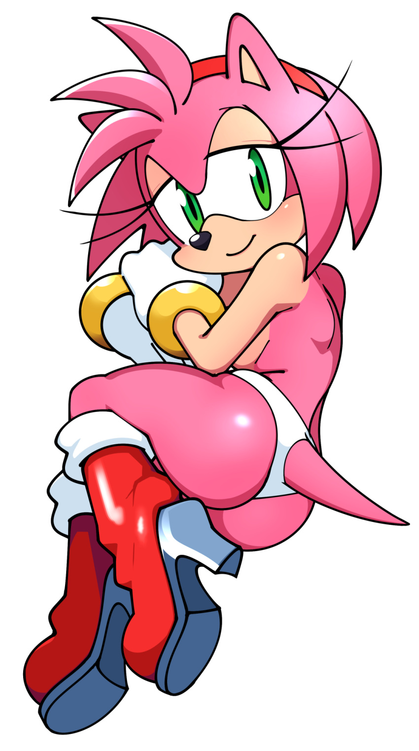 amy_rose anthro ass bracelet gloves green_eyes high_heel_boots looking_at_viewer panties pink_hair sideboob smile sonic_(series) watatanza