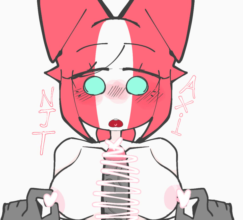 1boy 1girls breasts censored countryhumans countryhumans_girl cyan_eyes dick gray_body large_breasts njt_axi_(artist) peru_(countryhumans)